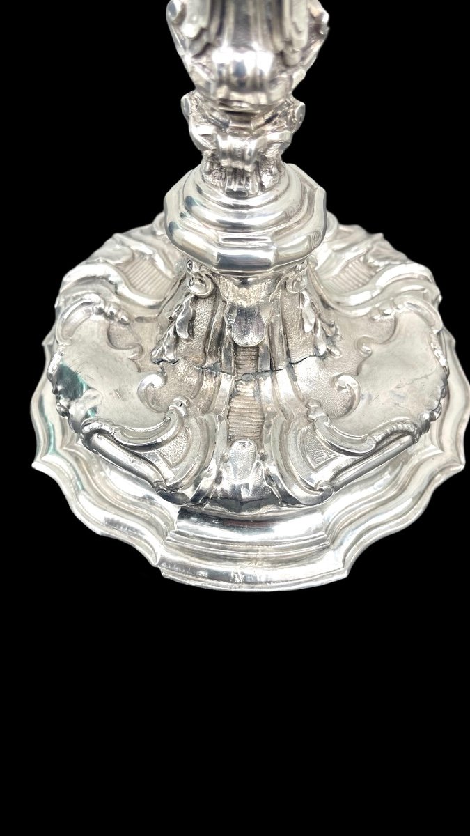 Embossed Silver Chalice With Tapered Globular Body Decorated With Rocaille Motifs And Cherubs-photo-3