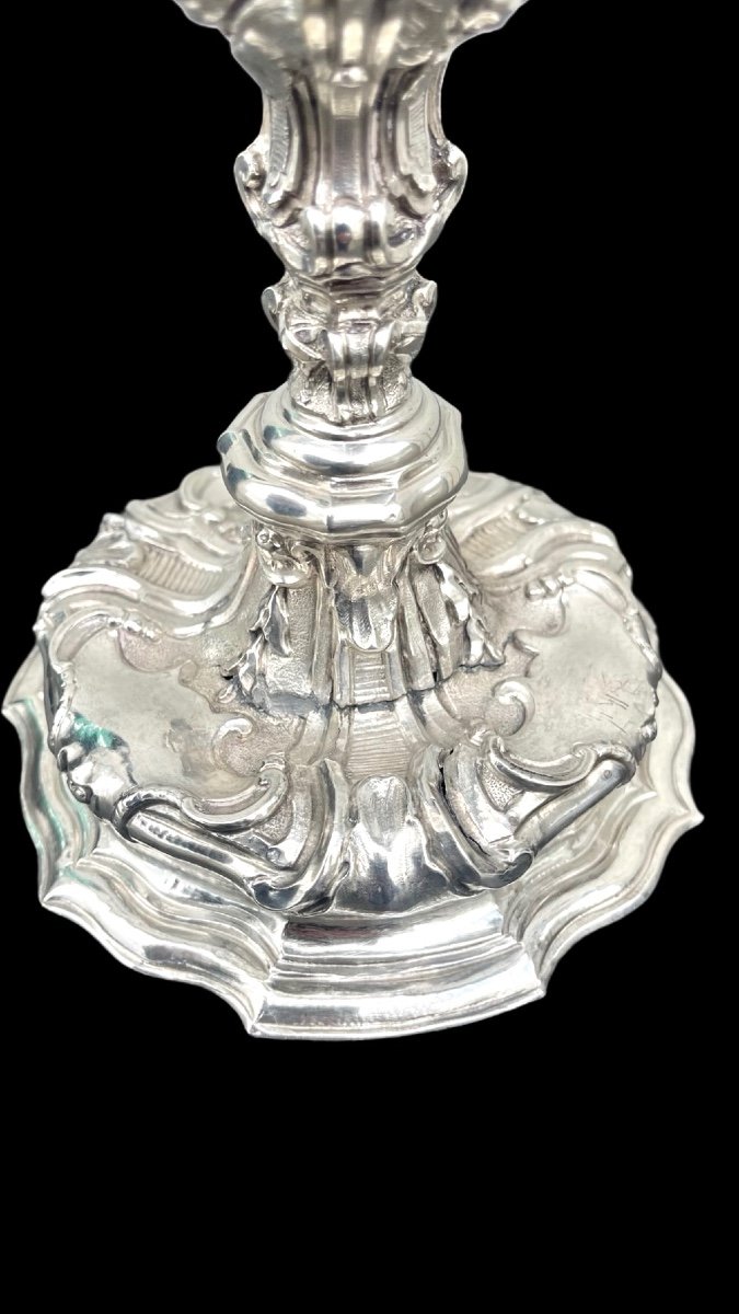 Embossed Silver Chalice With Tapered Globular Body Decorated With Rocaille Motifs And Cherubs-photo-4