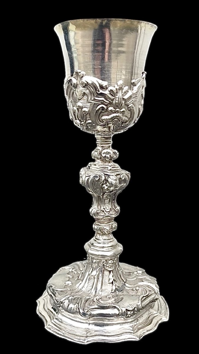 Embossed Silver Chalice With Tapered Globular Body Decorated With Rocaille Motifs And Cherubs