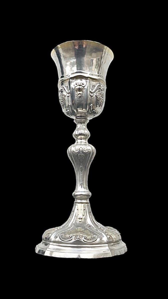 Embossed Silver Chalice With Tapered Globular Body With Grape Bunch And Rocaille Motifs. -photo-3