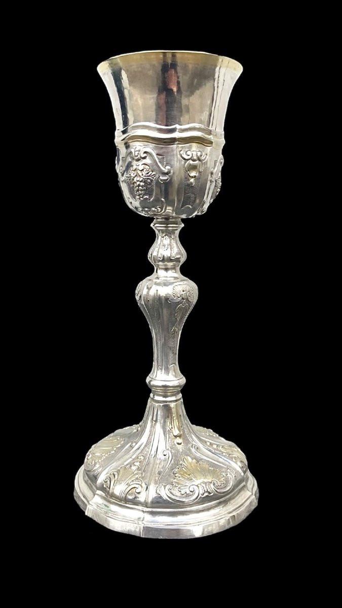 Embossed Silver Chalice With Tapered Globular Body With Grape Bunch And Rocaille Motifs. -photo-4