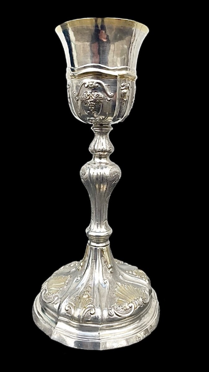 Embossed Silver Chalice With Tapered Globular Body With Grape Bunch And Rocaille Motifs. -photo-1