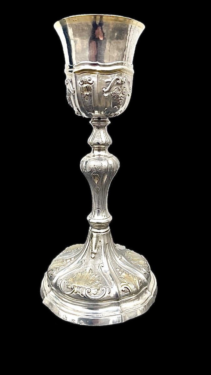 Embossed Silver Chalice With Tapered Globular Body With Grape Bunch And Rocaille Motifs. -photo-2