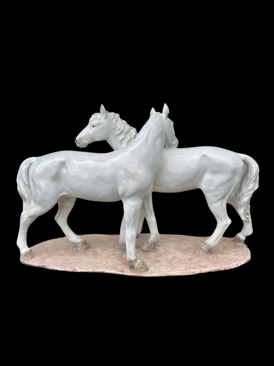 Ceramic Sculpture With Base Depicting A Pair Of Horses. -photo-2