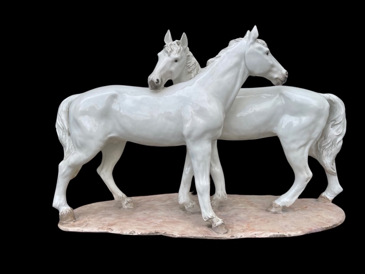 Ceramic Sculpture With Base Depicting A Pair Of Horses. 