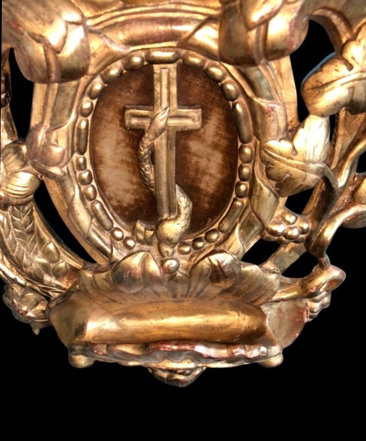 Holy Water Stoup In Wood And Gold Leaf With Rocaille Motifs, Cherubs,-photo-3