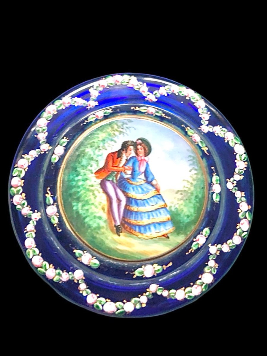 Cased And Ground Crystal Box With Enamel Decorations Of Floral Subject And Gallant Scene. -photo-2