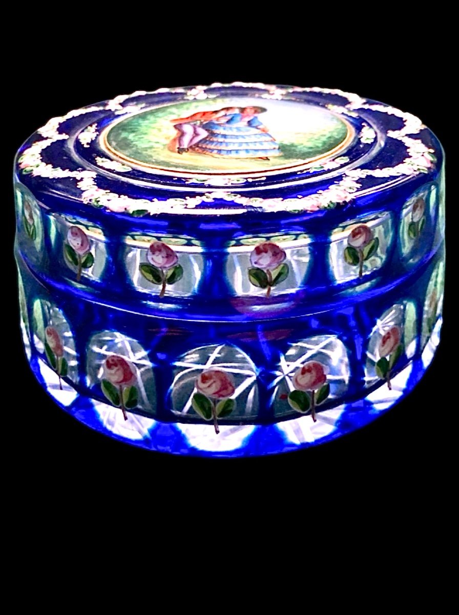 Cased And Ground Crystal Box With Enamel Decorations Of Floral Subject And Gallant Scene. -photo-3