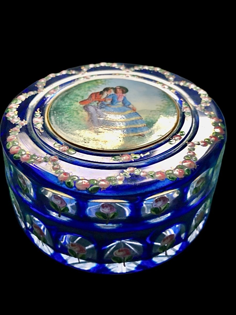 Cased And Ground Crystal Box With Enamel Decorations Of Floral Subject And Gallant Scene. 