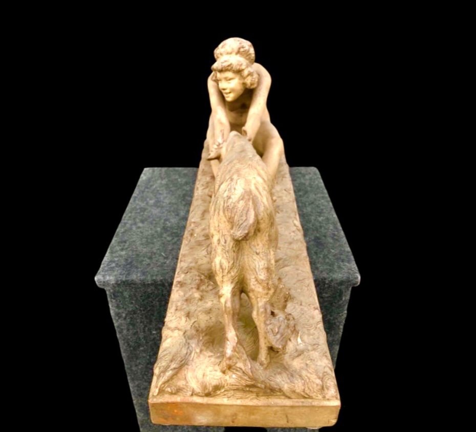 Sculpture En Terre Cuite, Figure Féminine Avec Chèvre, Signée Affortunato Gory -photo-4