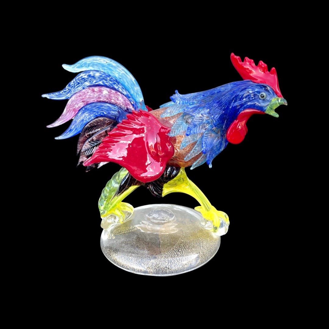 Coq En Verre épais Multicolore Avec Insertion De Feuilles d'Or 