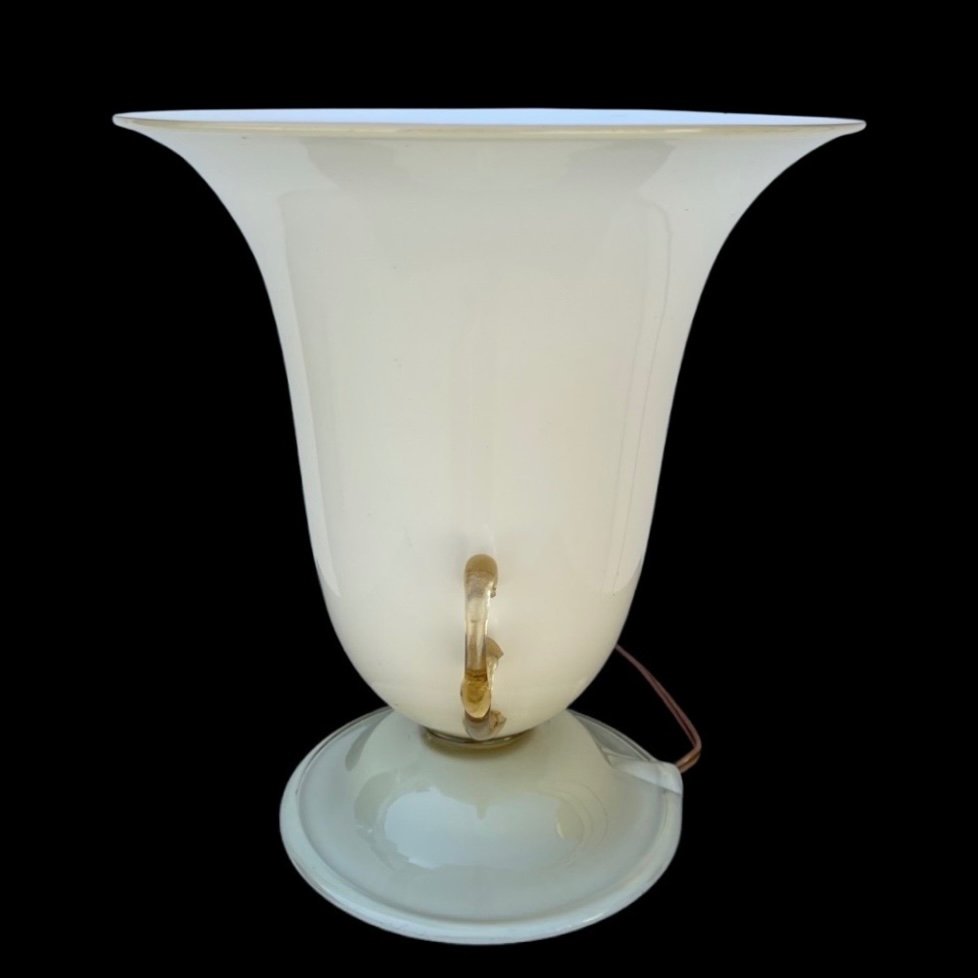 Glass Cup Lamp In Milky-amber Glass With Two Handles And Gold Inserts. -photo-4