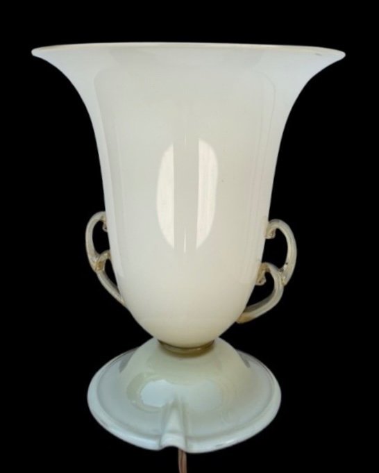 Glass Cup Lamp In Milky-amber Glass With Two Handles And Gold Inserts. -photo-1