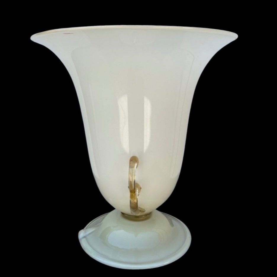 Glass Cup Lamp In Milky-amber Glass With Two Handles And Gold Inserts. -photo-2