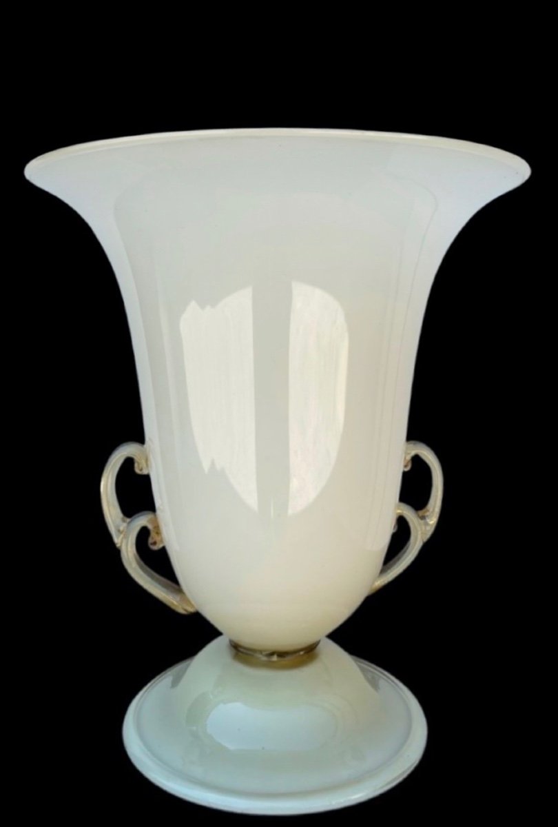 Glass Cup Lamp In Milky-amber Glass With Two Handles And Gold Inserts. 