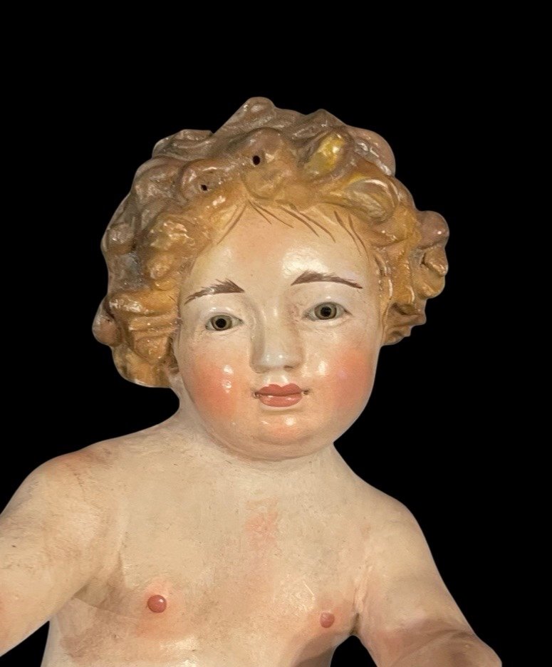 Enfant Jésus En Terre Cuite Polychrome Aux Yeux En Verre. -photo-2