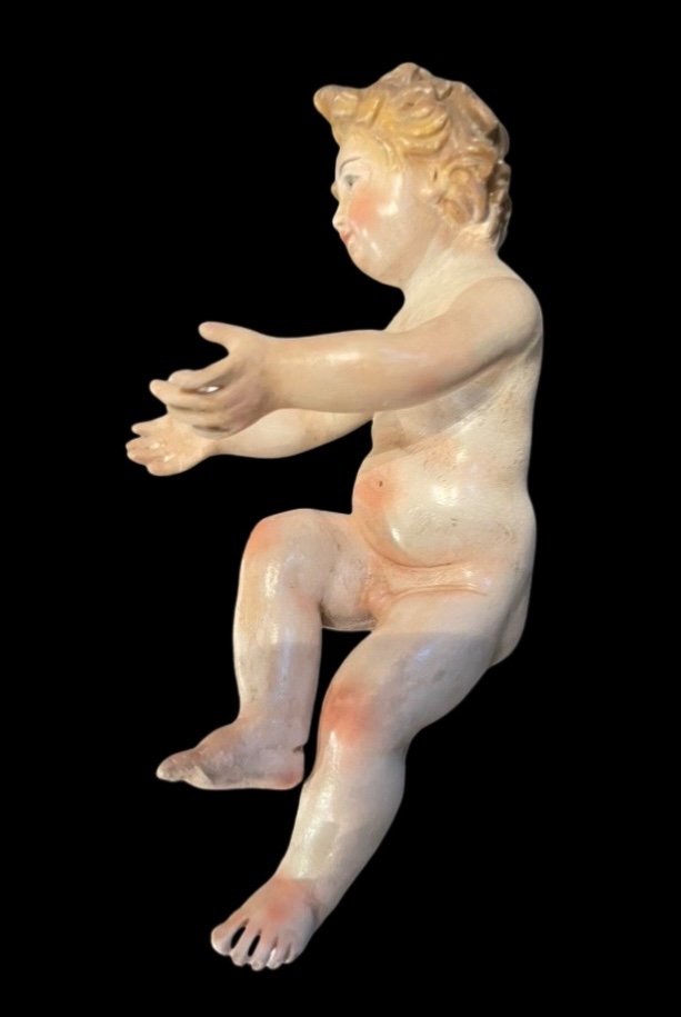 Enfant Jésus En Terre Cuite Polychrome Aux Yeux En Verre. -photo-3