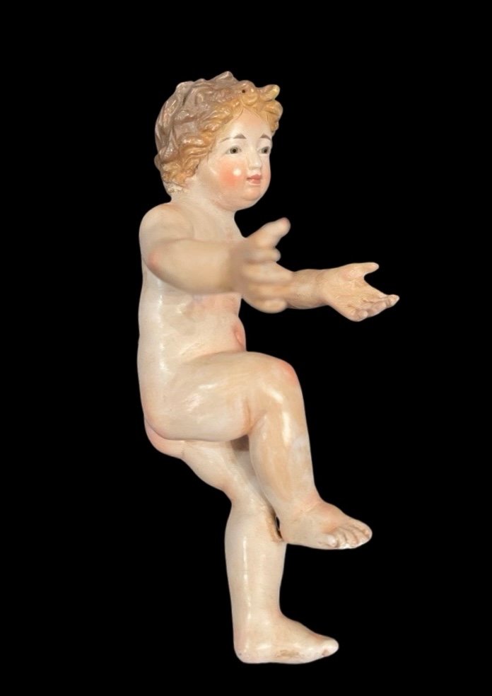 Enfant Jésus En Terre Cuite Polychrome Aux Yeux En Verre. -photo-4