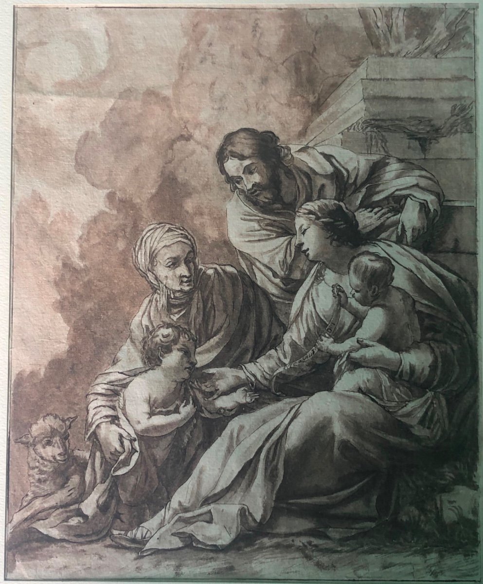 Dessin à l'Encre Représentant La Sainte Famille Avec l'Enfant Saint Jean -photo-2