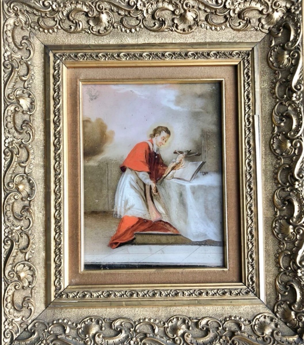 Painting On Glass Depicting Saint Aloysius Gonzaga. Gilded Wooden Frame 