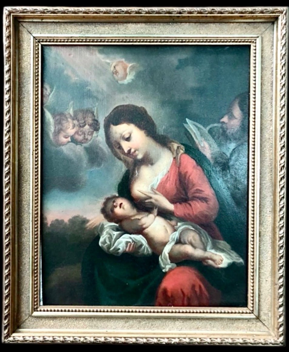 Oil Painting On Panel With Madonna Breastfeeding Baby Jesus. 