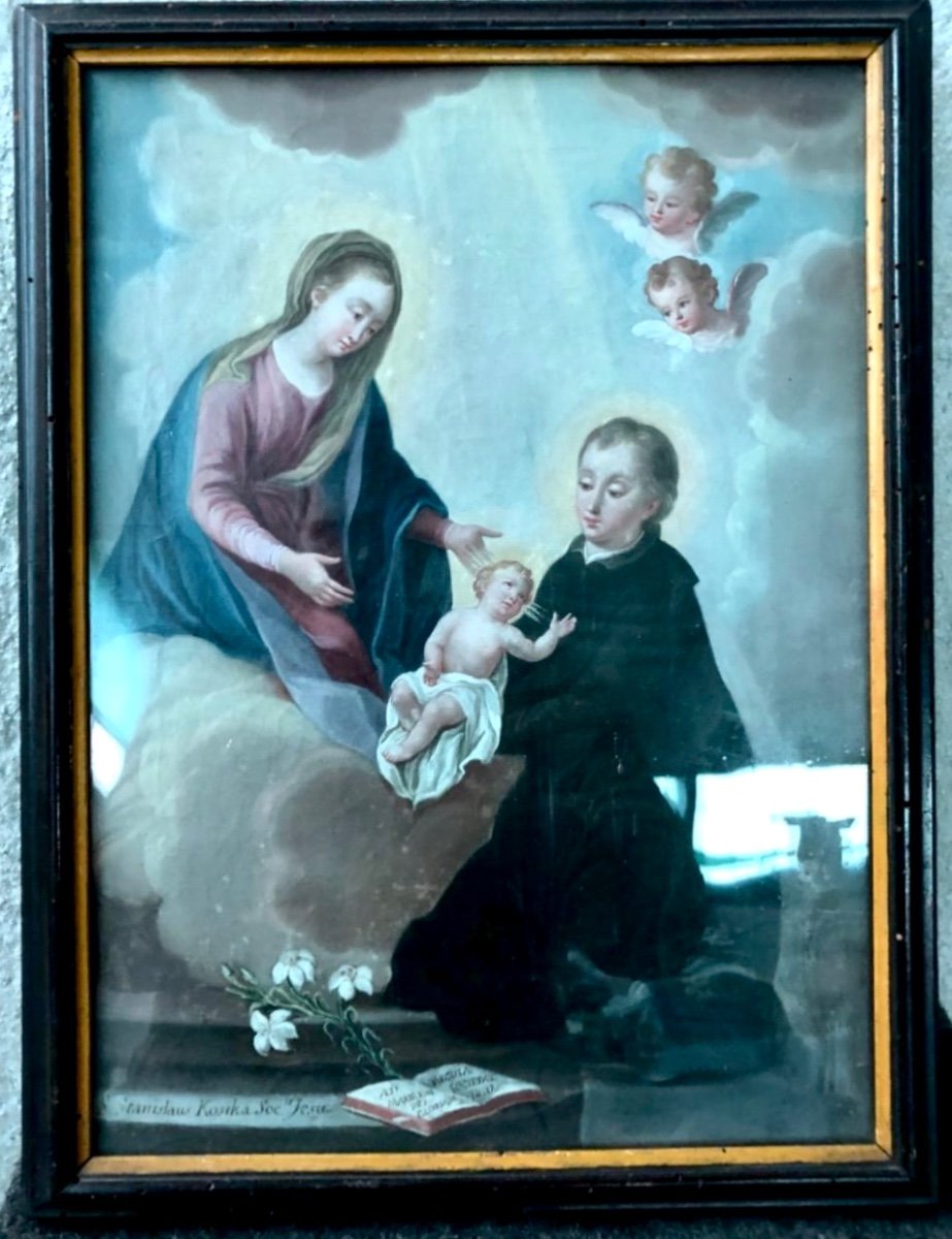 Oil Painting On Canvas Depicting Saint Stanislaus Kostka, Madonna With Baby Jesus And Cherubs. 