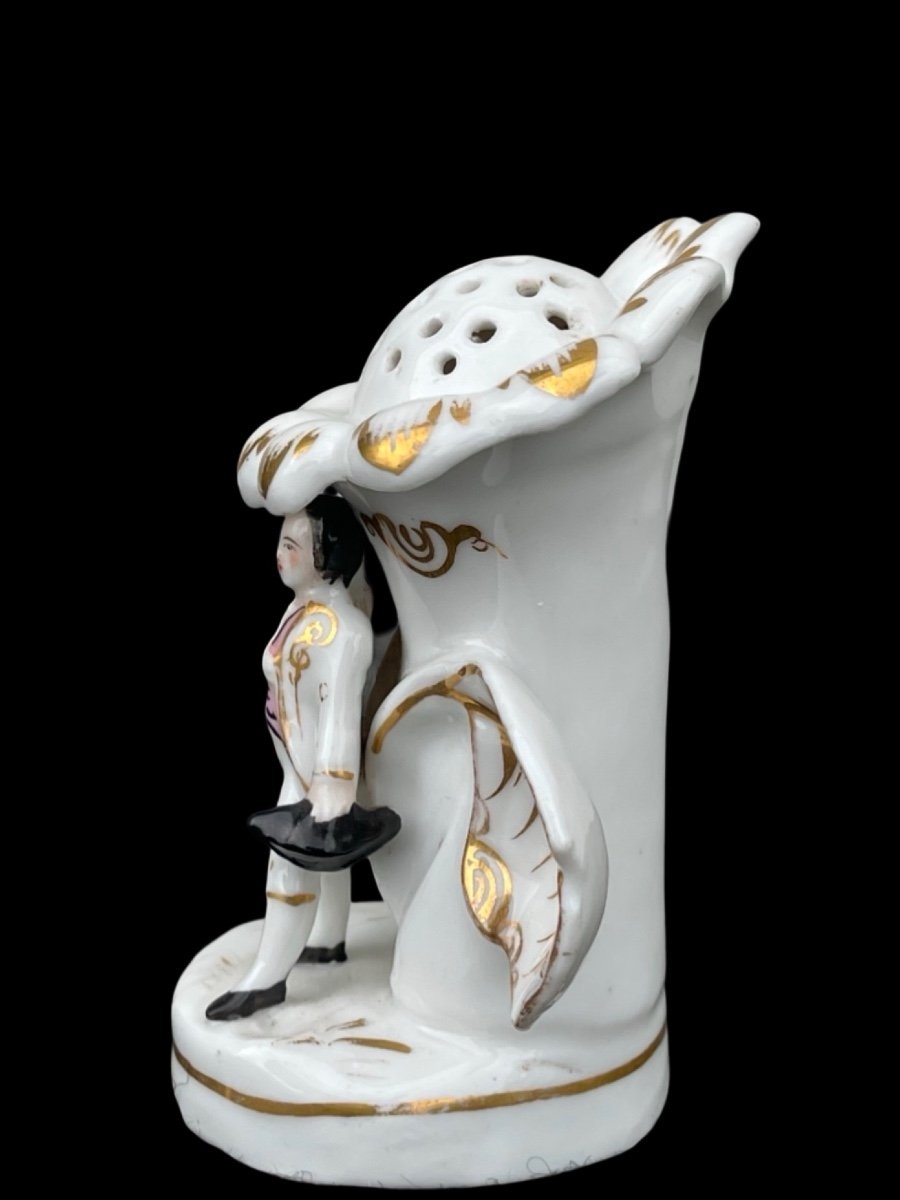 Toothpick Holder In Polychrome Porcelain With Male Figure And Flower Shape. -photo-3