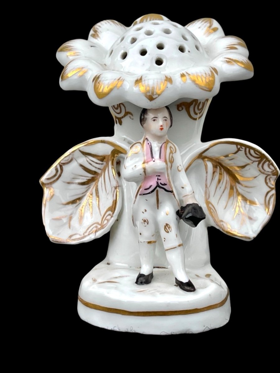 Toothpick Holder In Polychrome Porcelain With Male Figure And Flower Shape. 