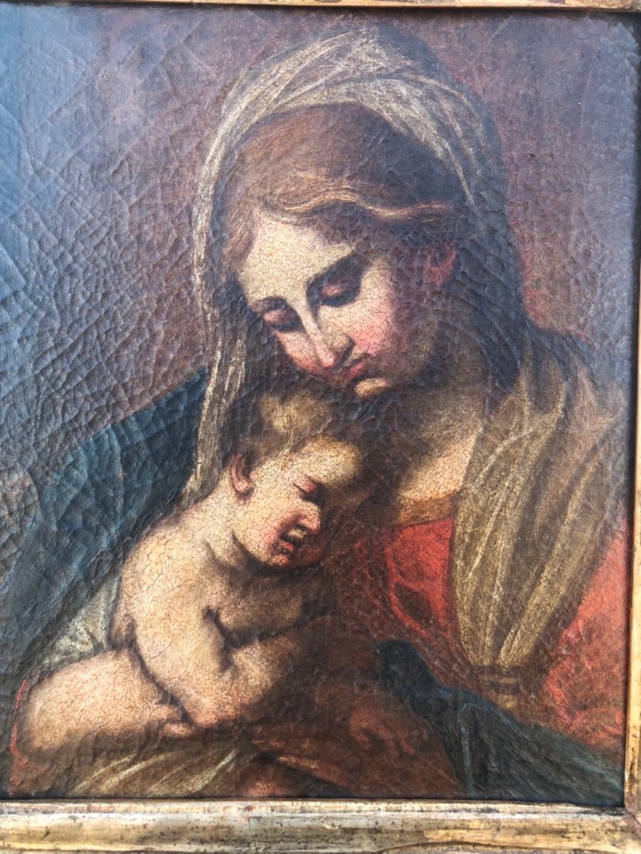 Peinture à l'huile sur toile représentant la Vierge à l'Enfant Jésus. -photo-3