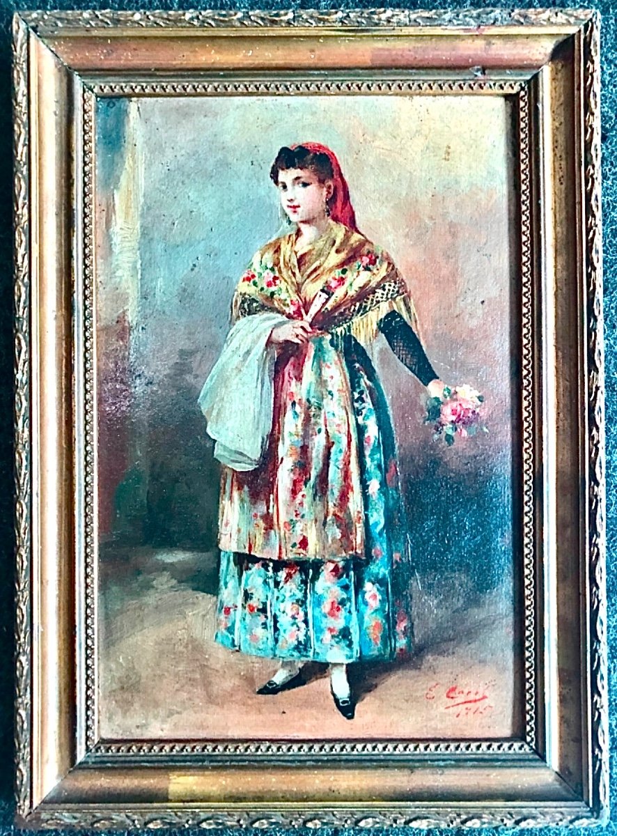 Oil Painting On Canvas Depicting A Female Figure In Traditional Costume. 