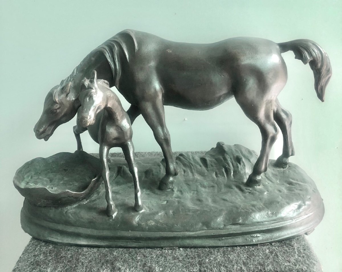 Bronze Sculpture Depicting A Mare With Foal And A Manger 