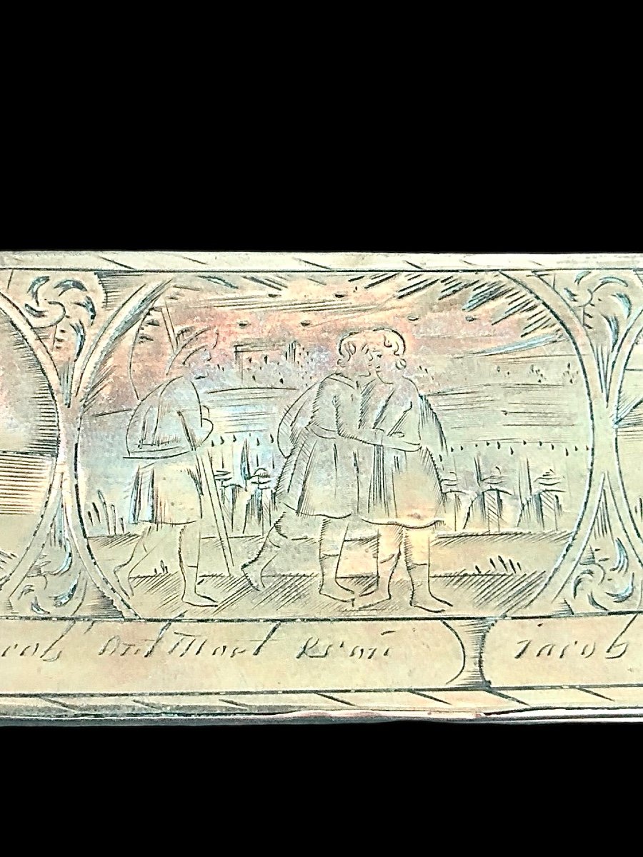 Brass Snuffbox Engraved With 6 Vignettes Representing The Life Of Jacob. Holland. -photo-4