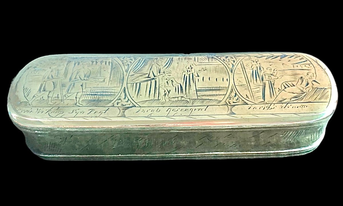 Brass Snuffbox Engraved With 6 Vignettes Representing The Life Of Jacob. Holland. 