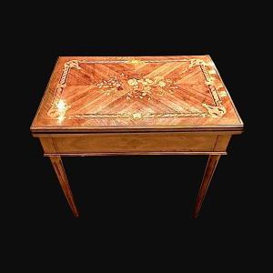 Walnut Game Table With Marquetry.  The Top Slides And Folds Up 