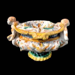 Majolica Salt Cellar With Handles In The Shape Of Angels Holding Books 