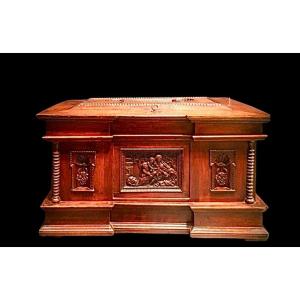 Stipo - Walnut Wood Cabinet With Carved Bas-reliefs With Religious Scene 