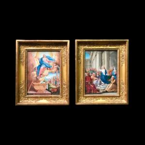 Pair Of Tempera Paintings Depicting The Assumption Of The Virgin And Jesus Preaching 