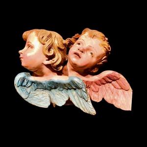 Polychrome Wooden Sculpture Depicting A Pair Of Cherubs. Liguria. 