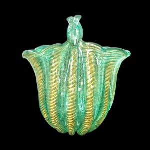 Vase In Heavy Submerged Corded Gold And Green Glass . Barovier & Toso.murano