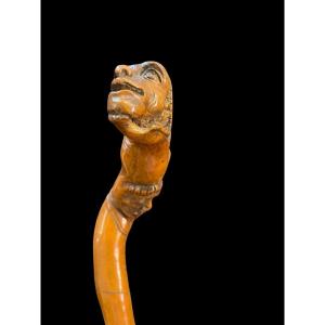 Popular Boxwood Stick With Two Grotesque Figures And Snake. 
