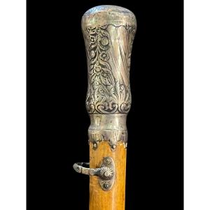 Antique French Walking Cane Stick Sterling Silver Fox Handle 19th Century