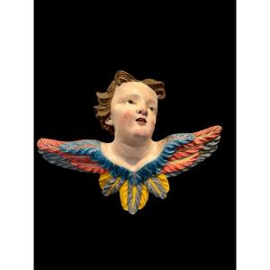 Carved And Painted Wooden Cherub Angel. Liguria.