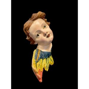 Carved And Painted Wooden Cherub Angel. Liguria.