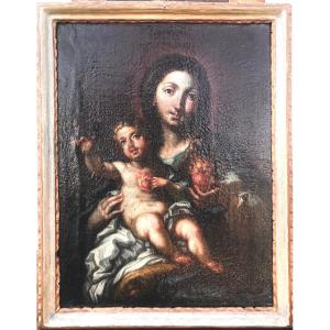 Peinture à l'Huile Sur Toile Représentant La Vierge à l'Enfant Jésus. 
