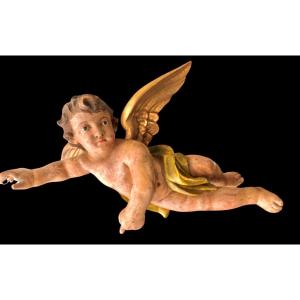 Polychrome Carved Wooden Sculpture Depicting An Angel With Spread Wings. Liguria. 