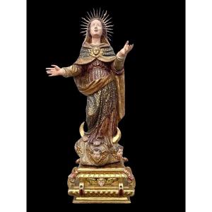 Polychrome Wooden Sculpture With Gold Highlights, Madonna With Silver Crown. Liguria. 
