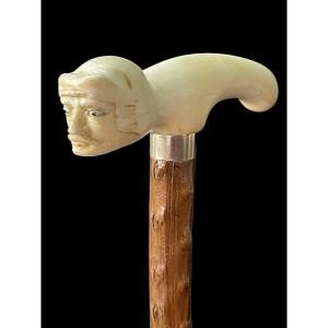 Ivory Stick With Tau Handle And Warrior Head With Helmet. Rosewood Cane. 12.5x3x2.5 Cm. H: 85cm