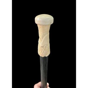 Walking Stick With Globular Ivory Knob With A Deer Figure Engraved In Low Relief. 