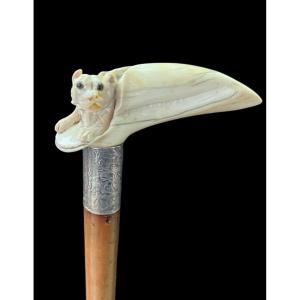 Walking Stick With Ivory Handle Depicting A Hidden Dog. 