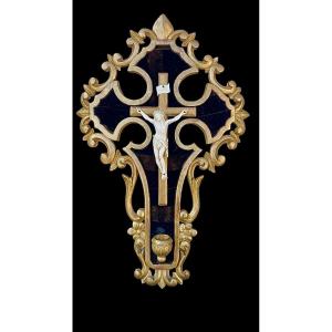 Ivory Christ On A Carved Wooden Holy Water Font Frame With Gold Leaf 